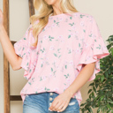 Medium PINK FLORAL RUFFLE BELL SLEEVES TUNIC TOP