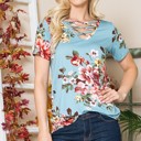 Small TURQUOISE CRISS CROSS CHEST FLORAL SHORT SLEEVE TOP