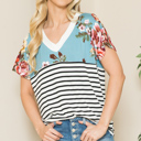 Medium TURQUOISE V-NECK STRIPE AND FLORAL COLOR BLOCK TUNIC TOP