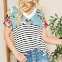 Large TURQUOISE V-NECK STRIPE AND FLORAL COLOR BLOCK TUNIC TOP