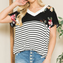XL BLACK V-NECK STRIPE AND FLORAL COLOR BLOCK TUNIC TOP