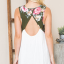 XL OLIVE FLORAL TANK TUNIC WITH OPEN BACK SOLID CONTRAST