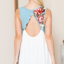 XL TURQUOISE FLORAL TANK TUNIC WITH OPEN BACK SOLID CONTRAST