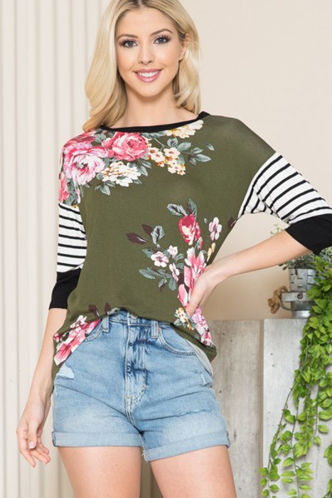 FLORAL TUNIC TOP WITH CONTRAST SLEEVES