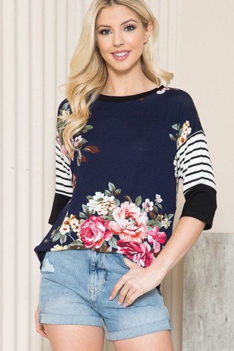 FLORAL TUNIC TOP WITH CONTRAST SLEEVES