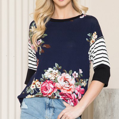 FLORAL TUNIC TOP WITH CONTRAST SLEEVES