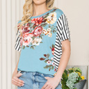 XL TURQUOISE FLORAL TUNIC TOP WITH SIDE STRIPE CONTRAST
