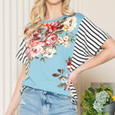 Small TURQUOISE FLORAL TUNIC TOP WITH SIDE STRIPE CONTRAST