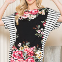 Large BLACK FLORAL TUNIC TOP WITH SIDE STRIPE CONTRAST