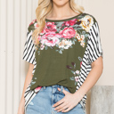 Small OLIVE FLORAL TUNIC TOP WITH SIDE STRIPE CONTRAST