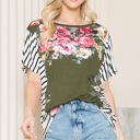 Medium OLIVE FLORAL TUNIC TOP WITH SIDE STRIPE CONTRAST