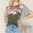 XL OLIVE FLORAL TUNIC TOP WITH SIDE STRIPE CONTRAST