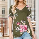 Small OLIVE V-NECK BASIC SHORT SLEEVE FLORAL TOP WITH SIDE TIE