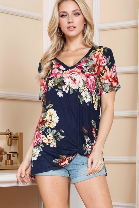 V-NECK BASIC SHORT SLEEVE FLORAL TOP WITH SIDE TIE