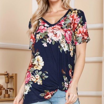 V-NECK BASIC SHORT SLEEVE FLORAL TOP WITH SIDE TIE