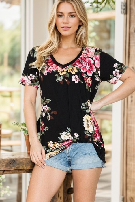 V-NECK BASIC SHORT SLEEVE FLORAL TOP WITH SIDE TIE