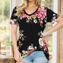 Small BLACK V-NECK BASIC SHORT SLEEVE FLORAL TOP WITH SIDE TIE