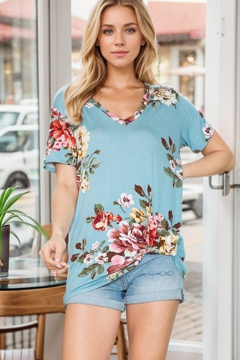 V-NECK BASIC SHORT SLEEVE FLORAL TOP WITH SIDE TIE