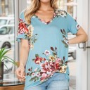 Small TURQUOISE V-NECK BASIC SHORT SLEEVE FLORAL TOP WITH SIDE TIE