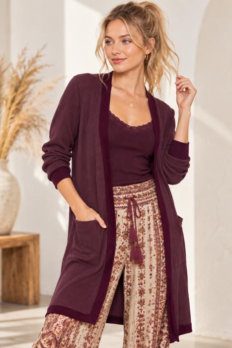 SOLID RIB MIDI OPEN CARDIGAN