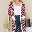 Small BURGUNDY Lightweight Stripe Midi Open Cardigan