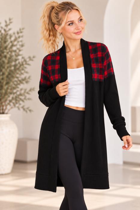 MIDI OPEN CARDIGAN WITH PLAID CONTRAST