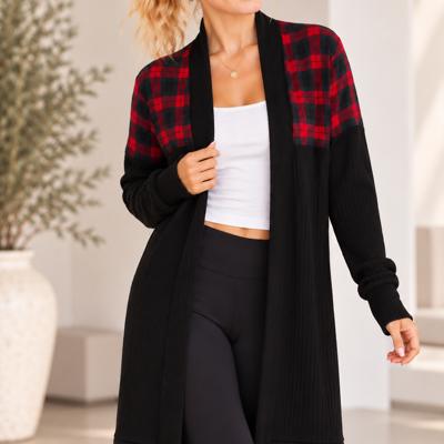 MIDI OPEN CARDIGAN WITH PLAID CONTRAST