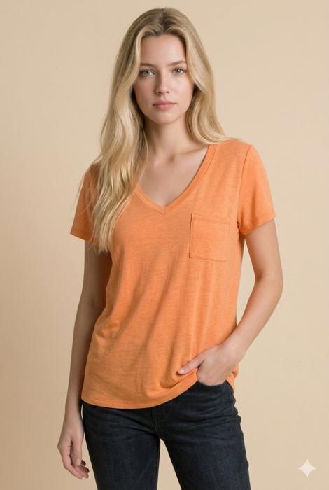 SOLID V-NECK TOP WITH FRONT CHEST POCKET