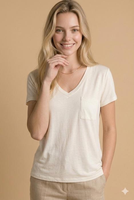 SOLID V-NECK TOP WITH FRONT CHEST POCKET