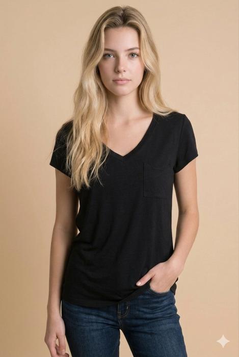 SOLID V-NECK TOP WITH FRONT CHEST POCKET