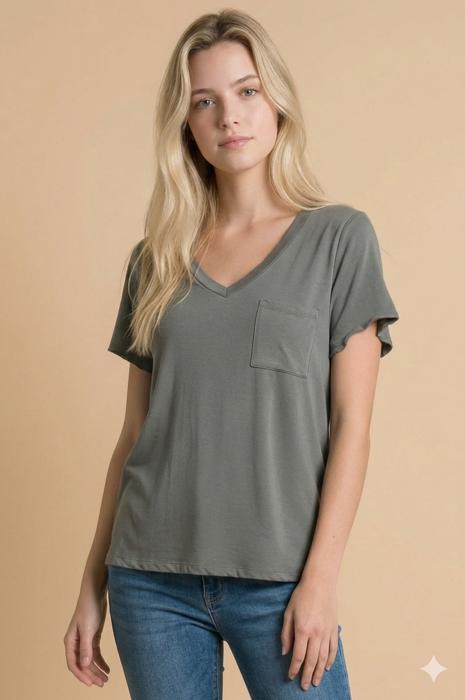 SOLID V-NECK TOP WITH FRONT CHEST POCKET
