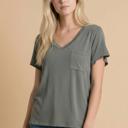 Small CHARCOAL SOLID V-NECK TOP WITH FRONT CHEST POCKET