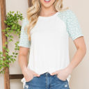 Small WHITE/MINT SHORT SLEEVE SOLID TOP WITH ANIMAL PRINTS SLEEVES