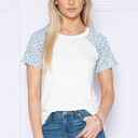 Small WHITE/BLUE SHORT SLEEVE SOLID TOP WITH ANIMAL PRINTS SLEEVES