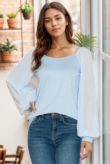 BOAT NECK SOLID TUNIC TOP WITH CHIFFON SLEEVES