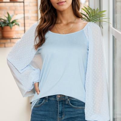 BOAT NECK SOLID TUNIC TOP WITH CHIFFON SLEEVES