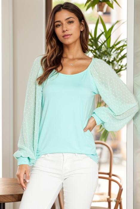 BOAT NECK SOLID TUNIC TOP WITH CHIFFON SLEEVES