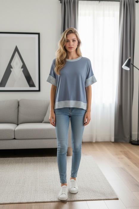 SOLID HALF SLEEVE CROP TOP WITH STRIPE SLEEVES