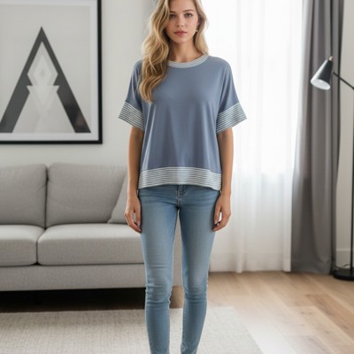SOLID HALF SLEEVE CROP TOP WITH STRIPE SLEEVES