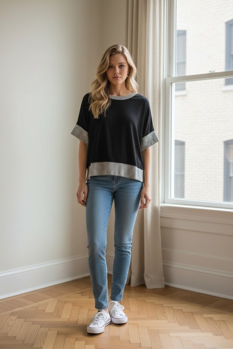 SOLID HALF SLEEVE CROP TOP WITH STRIPE SLEEVES