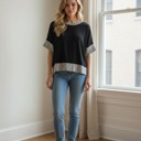Small BLACK SOLID HALF SLEEVE CROP TOP WITH STRIPE SLEEVES