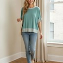 Small GREEN SOLID HALF SLEEVE CROP TOP WITH STRIPE SLEEVES