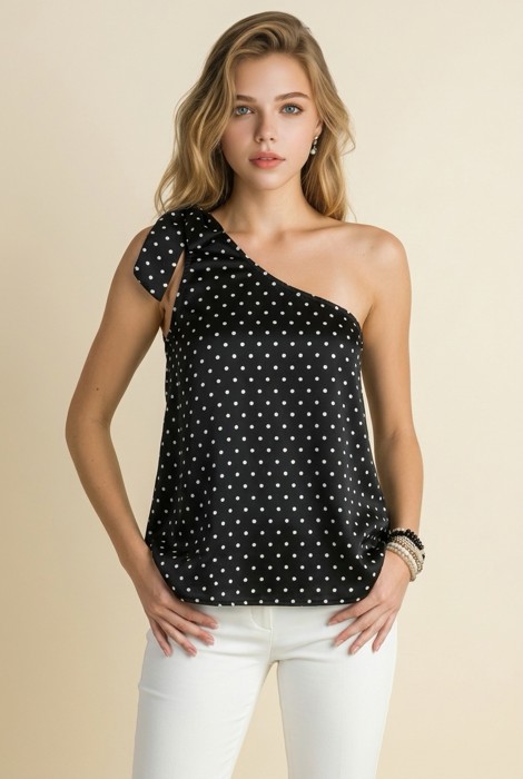 SATIN POLKADOT ONE SHOULDER TOP SHOULDER TIE