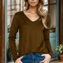 Small BROWN SUPER SOFT V-NECK LONG SLEEVE TOP