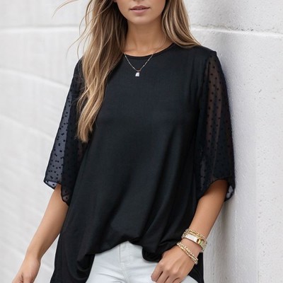 SOLID SHORT SLEEVE TOP WITH SWISS DOT SLEEVES 