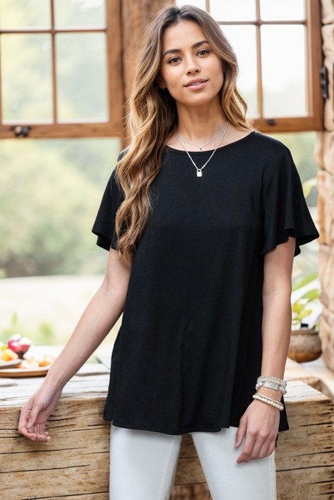 SOLID SHORT SLEEVE TOP WITH BACK LACE CONTRAST