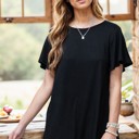 Small BLACK SOLID SHORT SLEEVE TOP WITH BACK LACE CONTRAST
