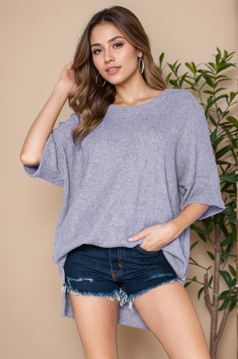 WAFFLE OVERSIZED SHORT SLEEVES SWEATSHIRT WITH SIDE SLIT