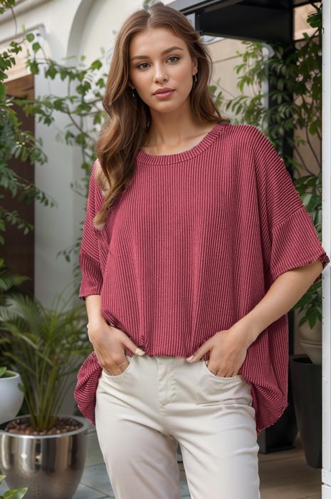 WAVE RIB OVERSIZED SHORT SLEEVE SWEATSHIRT