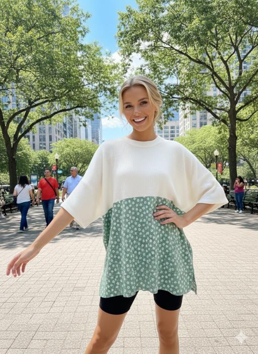 WAVE RIB TUNIC WITH DITSY PRINT CONTRAST